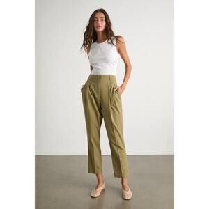 Lulus Sophisticated Company Olive Linen Straight Leg Trousers Green - Size M
